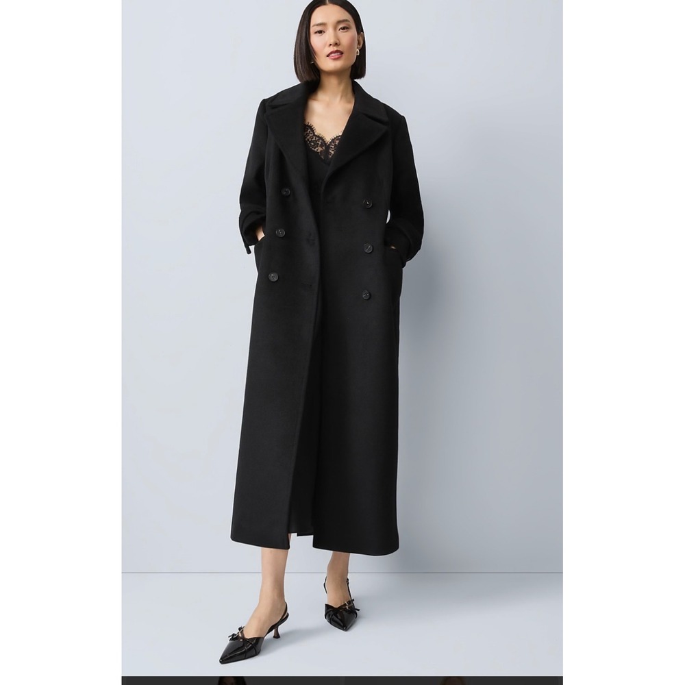 Ann Taylor Womens Black Double Breasted Long Wool Blend Coat Size M